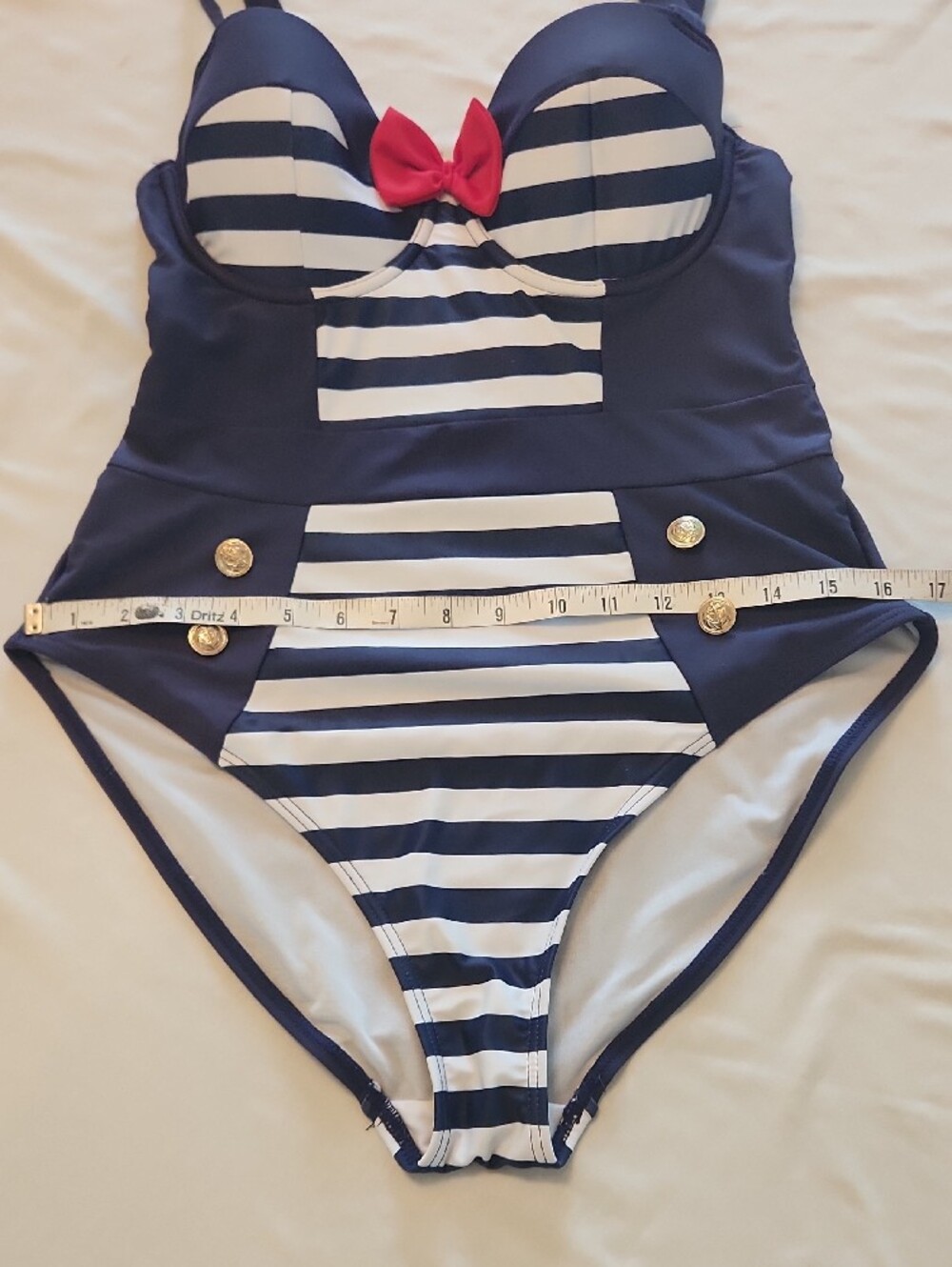 ⚓️ Navy & White Striped Nautical Swimsuit with Red Bow SZ 8 Collectif - Picture 6 of 13